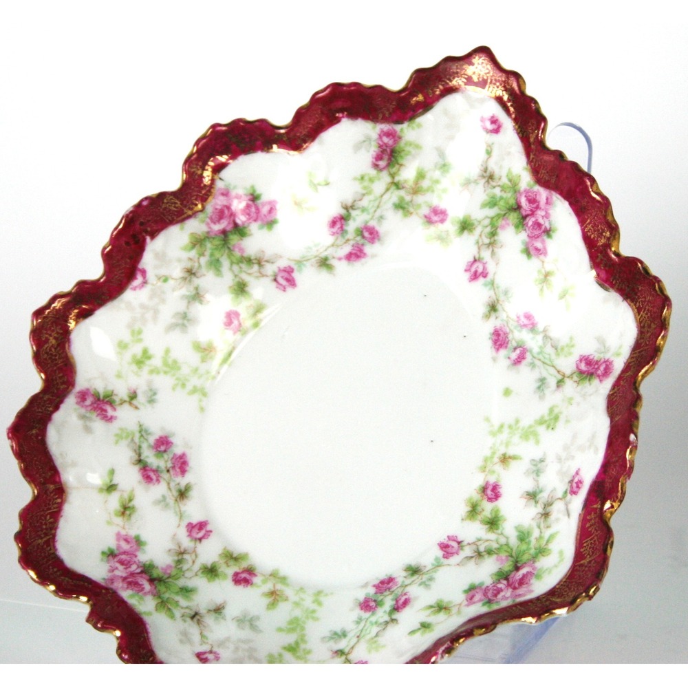 Moritz Zdekauer MZ Austria Antique Scalloped Saucer Pink Rose Gold Burgundy Red - Picture 6 of 6